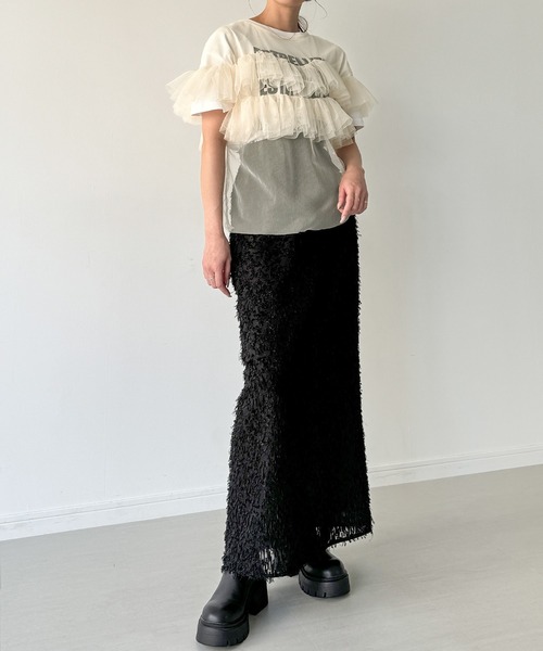 JUNOAH tシャツ 半袖フリルチュールトップス レディース