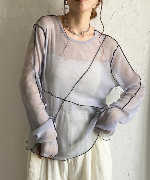 She's Closet tシャツ 配色メロウ長袖グリッターラメシースルー