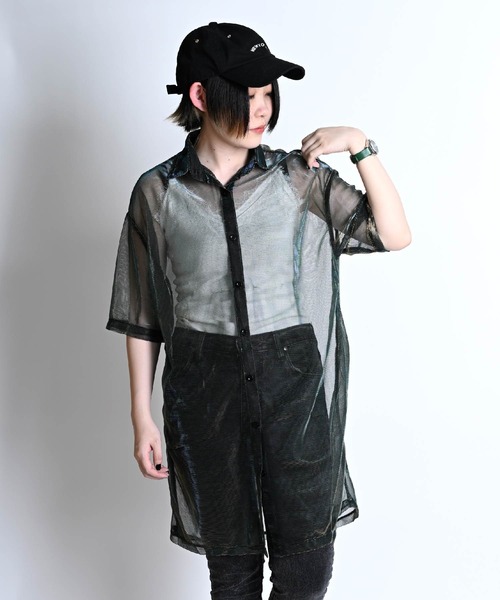 ブラウス シャツ グラデーション プリーツシャツ 　ラクロワデザイン レディース marai ブラウス シャツ ネオングラデーション シアーシャツ