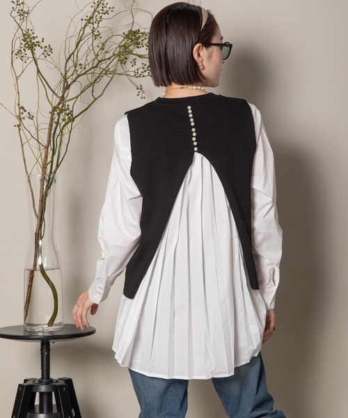ベスト ジレ 2WAY ニットベスト×バックプリーツシャツ セット レディース ベスト ジレ 2WAY ニットベスト×バックプリーツシャツ セット