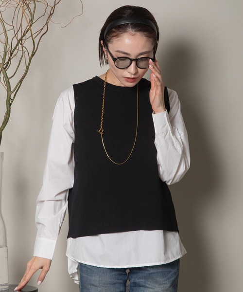 ベスト ジレ 2WAY ニットベスト×バックプリーツシャツ セット レディース ベスト ジレ 2WAY ニットベスト×バックプリーツシャツ セット