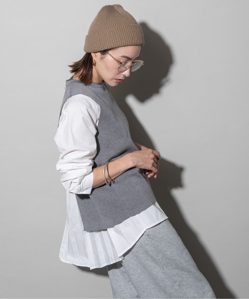 ニット セーター 2WAY ニットベスト×バックプリーツシャツ セット