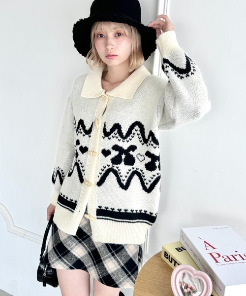 45rpm 北欧模様編み込みカウチン ニット カーディガン Loueme カーディガン チェリージャガードカウチンニット レディース
