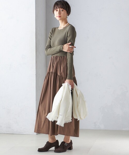 SHIPS（シップス） ワンピース 「手洗い可能」リブ ニット 長袖 × 布帛