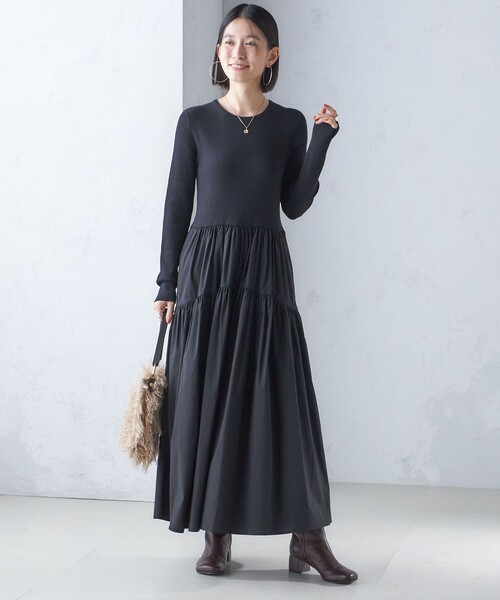 SHIPS ワンピース 「手洗い可能」リブ ニット 長袖 × 布帛