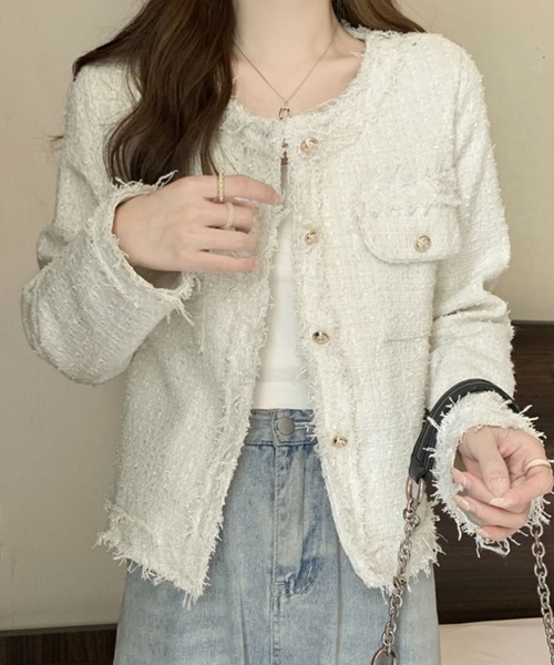 ジャケット ノーカラージャケット ツイードチェックノーカラー