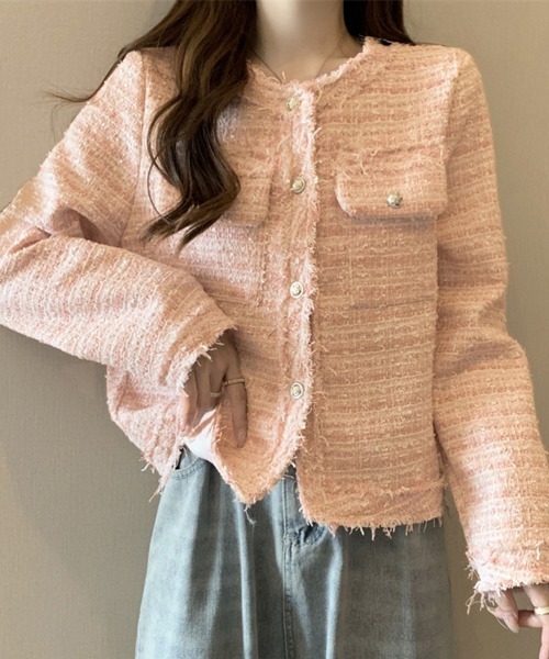 大人気!!【HOBBS】可憐ツイードジャケット♪華やかメタリック ジャケット ノーカラージャケット ツイードチェックノーカラー