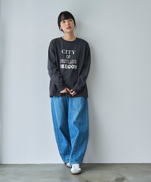 coen tシャツ メタリックロゴプリントロングスリーブTシャツ