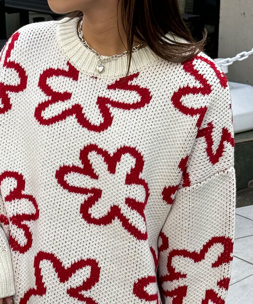 vintage 立体的花柄刺繍ぽんぽんハンドニットセーター ウール ゆったり vintage 立体的花柄刺繍ぽんぽんハンドニットセーター ウール ゆったり