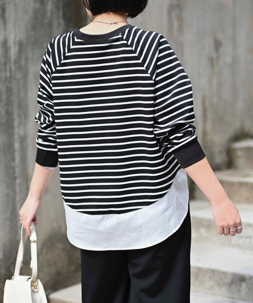 ＆HALF tシャツ レイヤードボーダー長袖トップス レディース