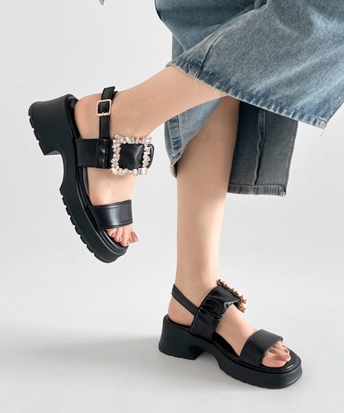 Shoes in Closet サンダル 軽量厚底 ビジューバックル ヒール