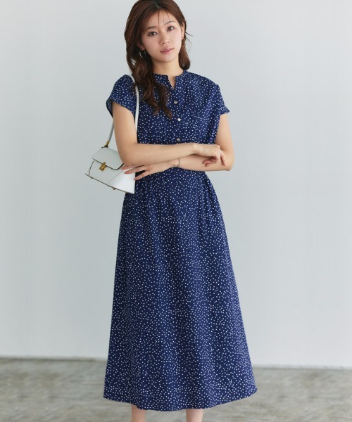 M ドットワンピース その他 前開きボタン/ウエストゴム/ベルト付】変形ドット柄ワンピース（ミドル