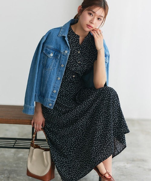 M ドットワンピース その他 前開きボタン/ウエストゴム/ベルト付】変形ドット柄ワンピース（ミドル