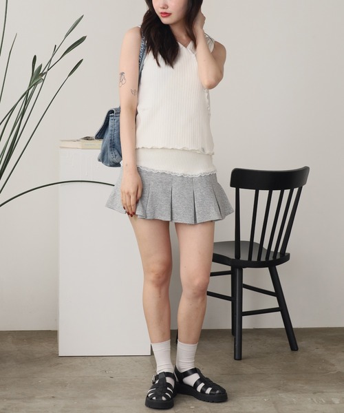 ROOP TOKYO スカート Ribbed Lace Pleated Miniskirt / リブレース