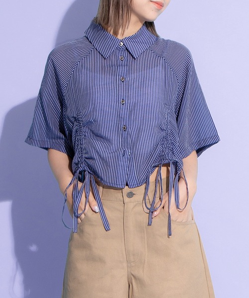 ブラウス シャツ クロップド丈ドロストストライプシャツ レディース