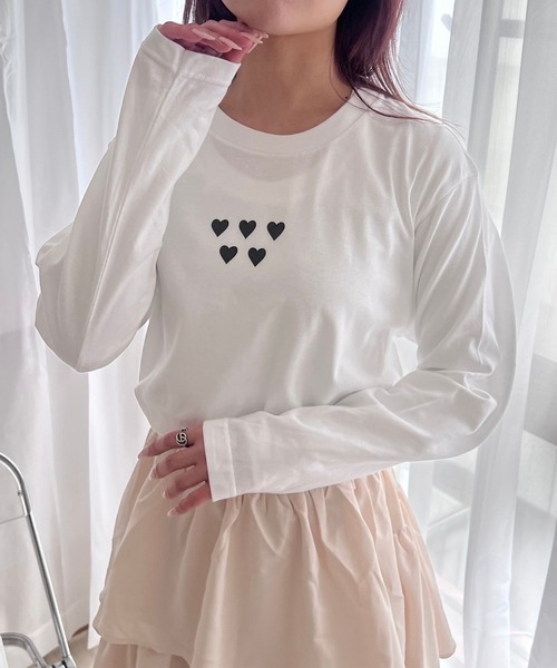 ハート柄長袖カットソー ホワイト tシャツ かわいいハート柄デザインロンT／長袖Tシャツ レディース