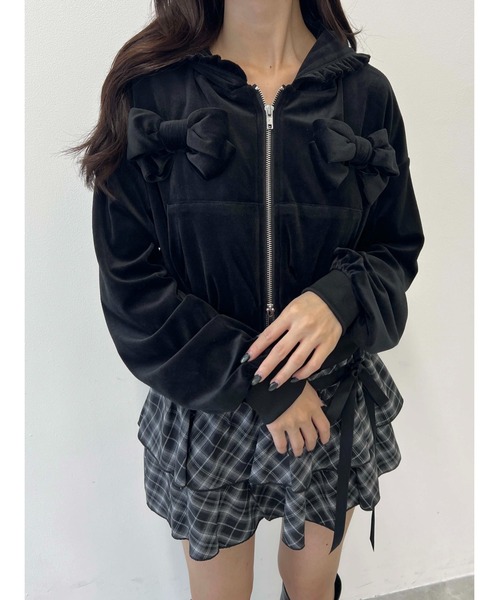 パーカー 「セットアップ対応」リボンベロアパーカー レディース