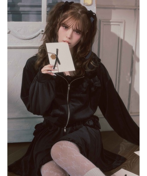 パーカー 「セットアップ対応」リボンベロアパーカー レディース