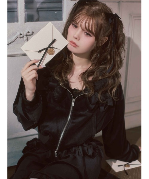 パーカー 「セットアップ対応」リボンベロアパーカー レディース