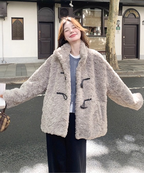 ムートンコート ボアコート トグルボタン ふわもこミディコート