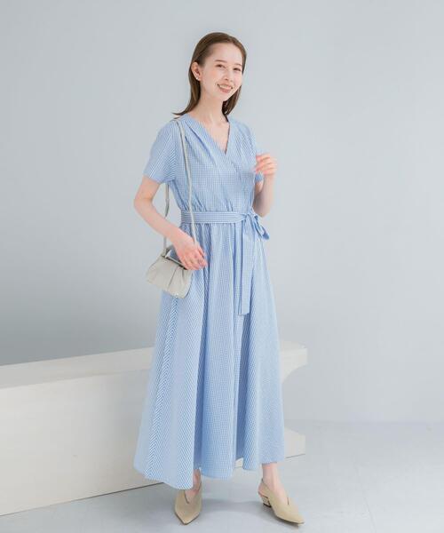 ワンピース 半袖 「WEB/一部店舗限定」チェックカシュクールワンピース