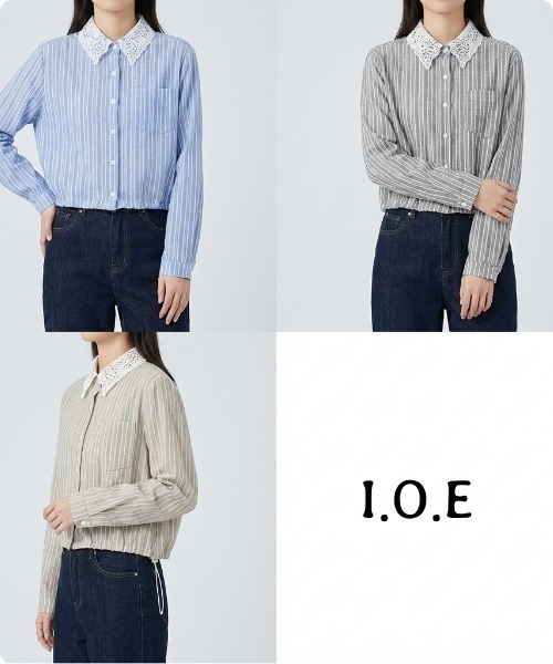 I.O.E ブラウス シャツ 「韓国トレンド」 レースカラー切替ストライプ