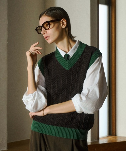 soerte ベスト ジレ Herringbone Summer Knit Vest/ヘリンボーンサマー