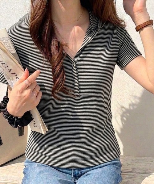 ヘンリーネック tシャツ 半袖 フード付きヘンリーネックボーダー 