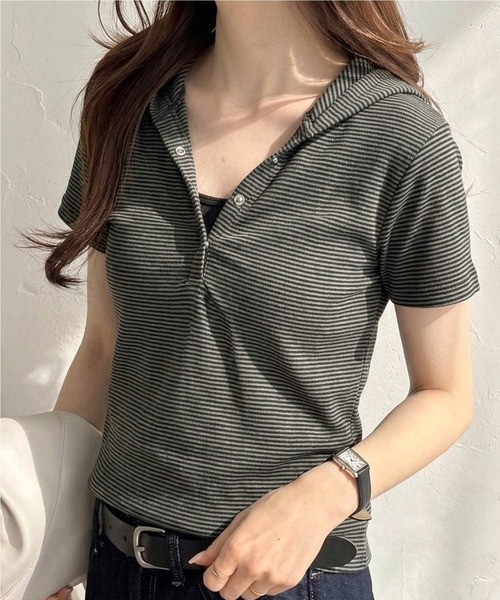 ヘンリーネック tシャツ 半袖 フード付きヘンリーネックボーダー