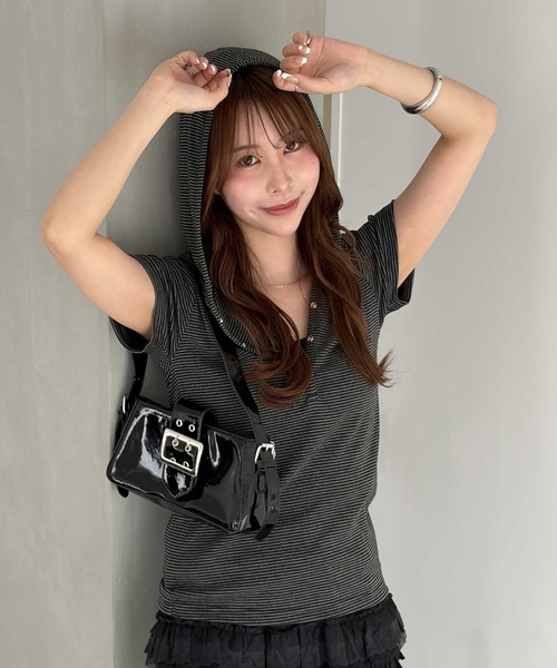 ヘンリーネック tシャツ 半袖 フード付きヘンリーネックボーダー