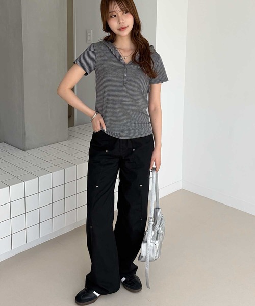 ヘンリーネック tシャツ 半袖 フード付きヘンリーネックボーダー