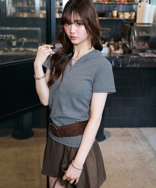 ヘンリーネック tシャツ 半袖 フード付きヘンリーネックボーダー