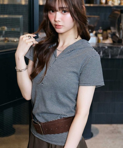 ヘンリーネック tシャツ 半袖 フード付きヘンリーネックボーダー 