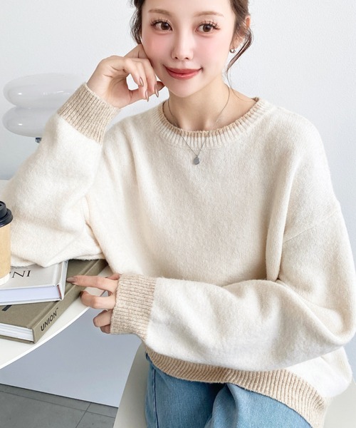 moment+ ニット セーター 配色ミックスニットプルオーバー「手洗い可能