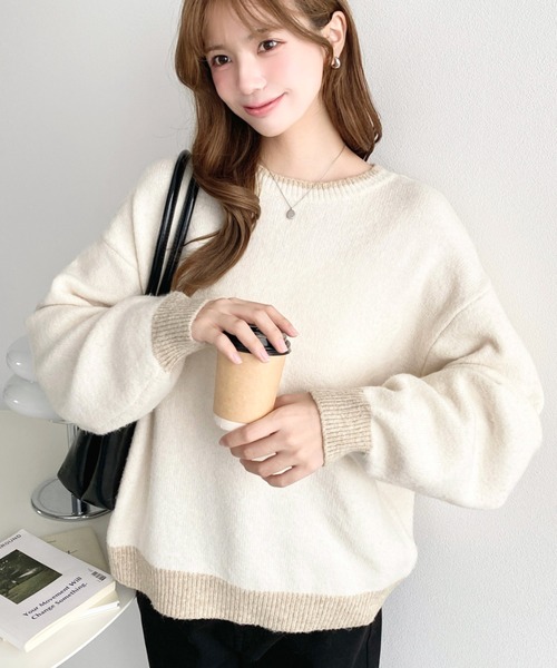 DIANTE ディアンテ　完売　美品　ニット　バイカラー　袖ボタン　ホワイト moment+ ニット セーター 配色ミックスニットプルオーバー「手洗い可能