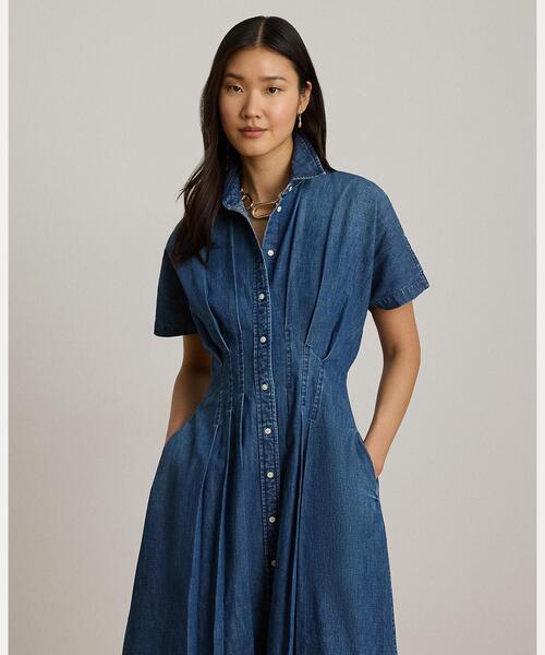 シャツワンピース プリーテッド デニム シャツドレスの画像