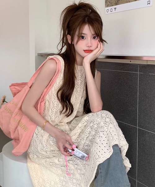 「shopnikoniko」 ノースリーブニット フリー ホワイト レディース_画像5
