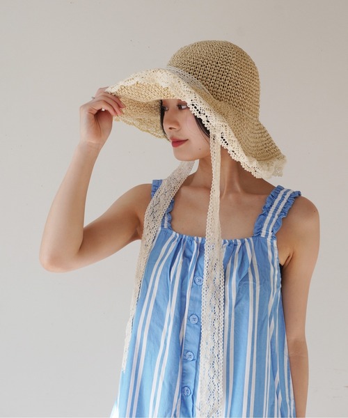 IMARI 帽子 ハット 「 / イマリ 」 レースリボン つば広 麦わら