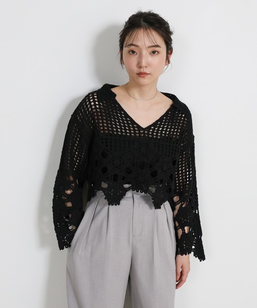 定価16500円 新品未使用タグ付き ニット クロ ヤマダヤ select MOCA（セレクトモカ） ニット セーター Vネッククロシェ