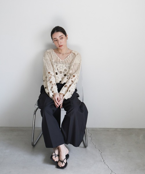 古着 STYLE&amp;CO. PETITE Vネック 半袖 クロシェニットセーター レディースM相当/eaa559017 古着 STYLE&CO. PETITE Vネック 半袖 クロシェニットセーター