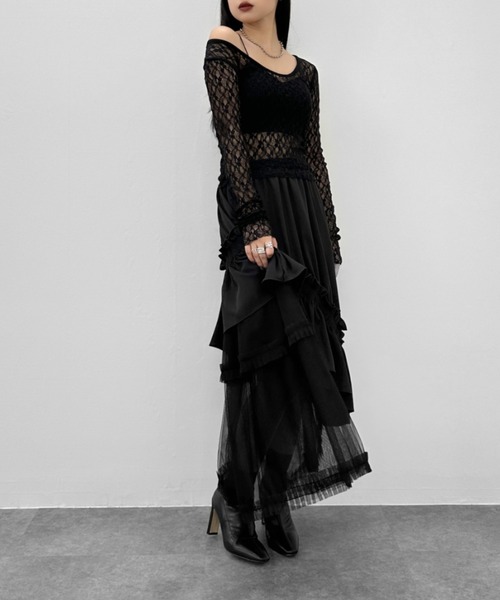 ◆お洒落にラフ感を演出【 LV 】ショルダーTシャツドレス LVEU. tシャツ 「LVEU.」レースワンショルトップス / カットソー