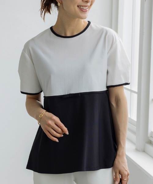 ソーノ SONO 24SS Summer Strech リボンマークカラーレイションPO ブラウス バイカラー プルオーバー F 白 黒 /CX ■OS レディース ソーノ SONO 24SS Summer Strech リボンマークカラーレイション