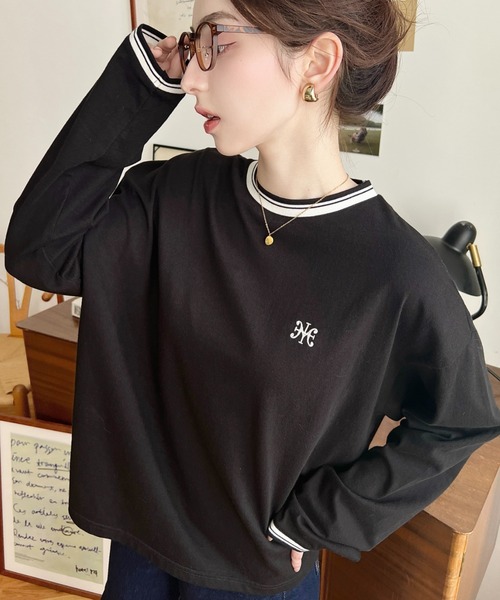 moment+ tシャツ 綿100%天竺. 配色ラインリブロゴ刺繍ロングT
