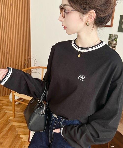 moment+ tシャツ 綿100%天竺. 配色ラインリブロゴ刺繍ロングT