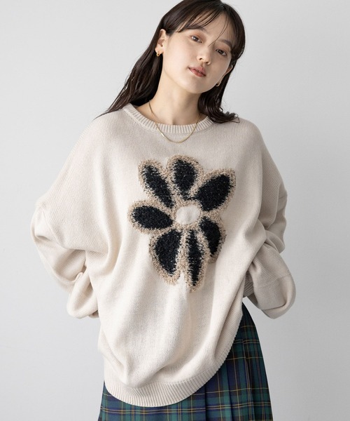 ニット セーター Embroidered Floral Knit Sweater レディース RAGEBLUE ニット セーター 「UNISEX」boucle flower motif loose