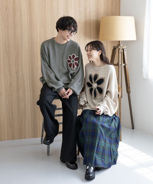 ニット セーター フラワー ルーズニット レディース RAGEBLUE ニット セーター 「UNISEX」boucle flower motif loose