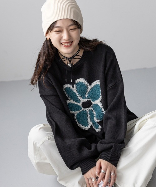 【新品タグ付き】UNTITLED アンタイトル　ニット　黒　グレー　リボン　花 RAGEBLUE ニット セーター 「UNISEX」boucle flower motif loose