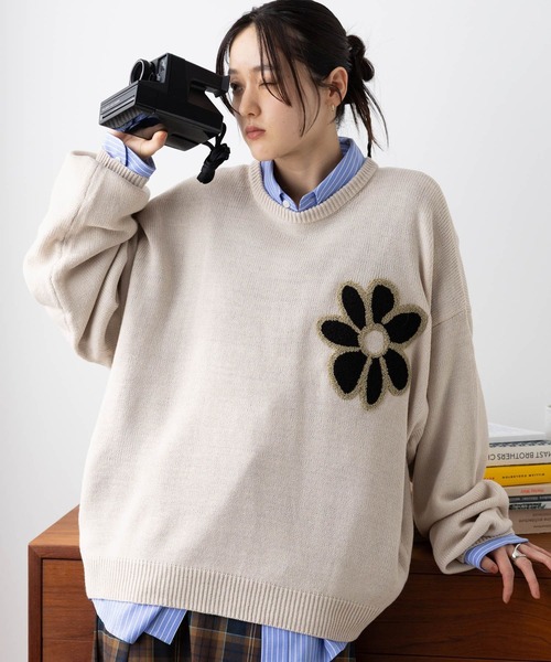 【モード】Take care 3Dフラワーモチーフレイヤードニットソー グレー モード】Take care 3Dフラワーモチーフレイヤードニットソー グレー