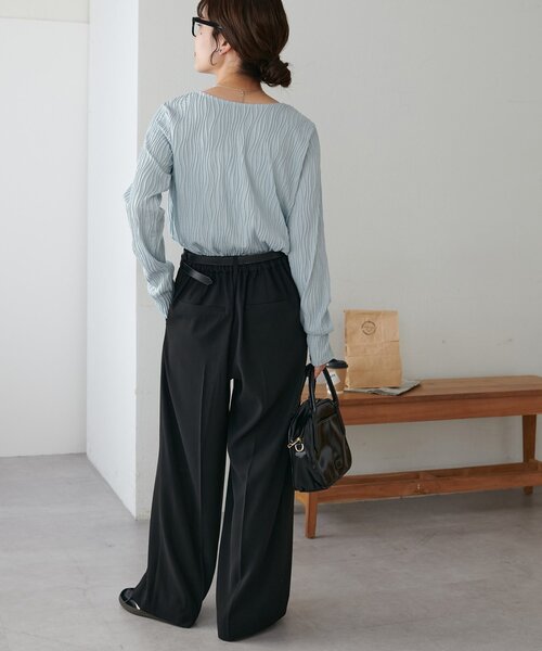 マメクロゴウチ　ジャガード　ロングスリーブ　トップス Shirring Jersey Jacquard Long Sleeve Top-シャーリングジャージ