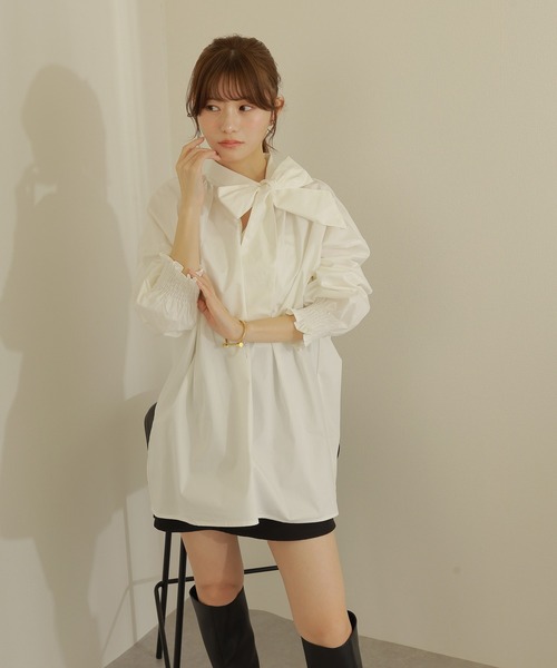 ブラウス シャツ owtie gather blouse /ボウタイ ギャザー オーバーサイズ ブラウス レディース